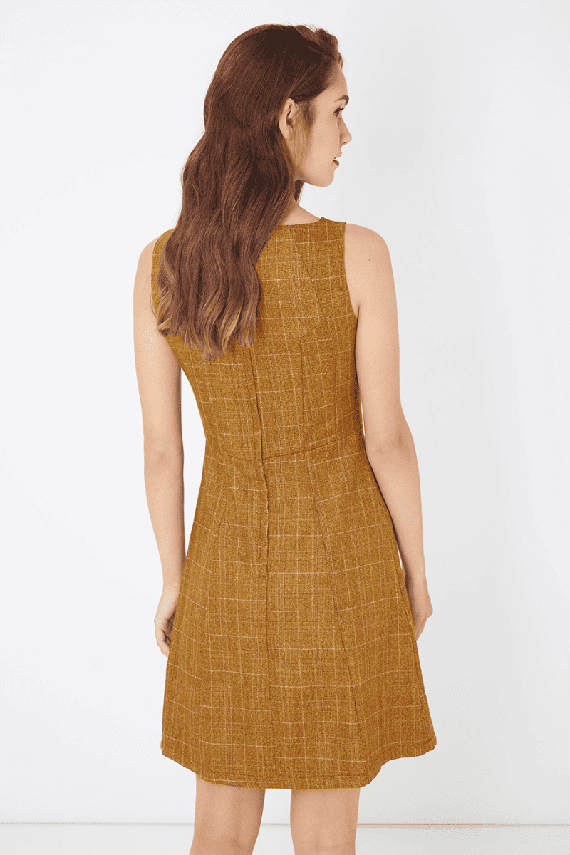Vestido mujer sin mangas línea A dress cuadros estilo casual elegante textura suave cómodo versátil talla L color marrón, ideal oficina evento diario outfit moderno ✅Entrega 24/48h