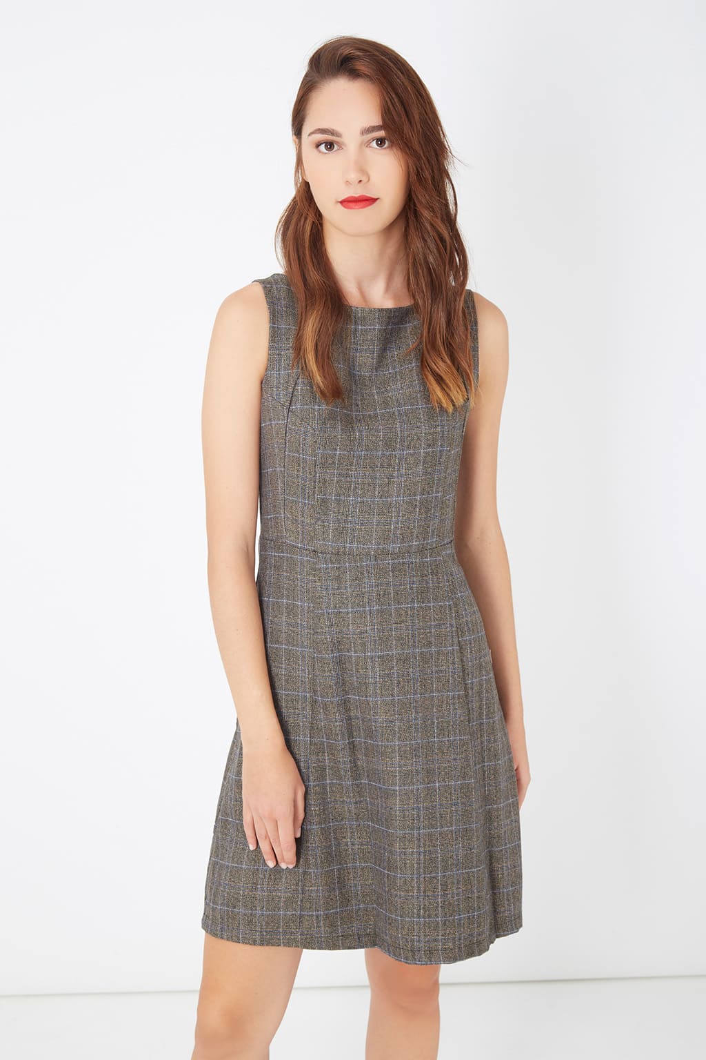 Vestido mujer evasé lana mezclada, dress sin mangas, diseño príncipe de Gales, cuello redondo, forro interior, cómodo, elegante, cierre cremallera, talla L, color negro, outfit versátil ✅Entrega 24/48h