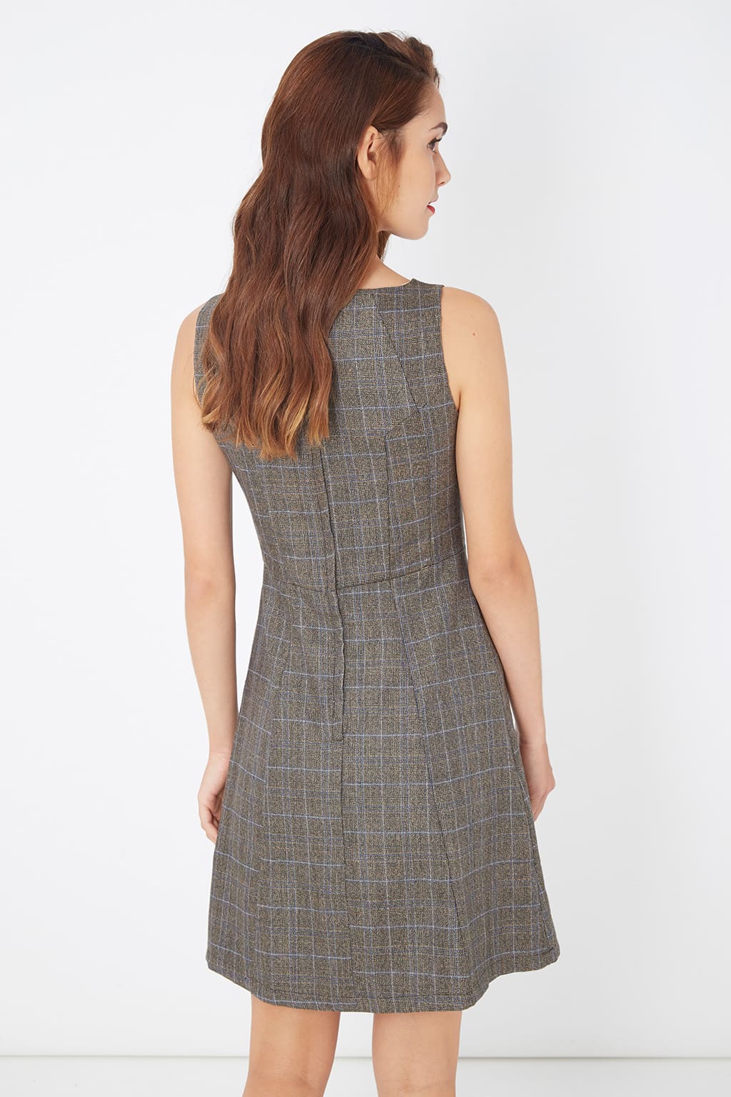 Vestido mujer evasé lana mezclada, dress sin mangas, diseño príncipe de Gales, cuello redondo, forro interior, cómodo, elegante, cierre cremallera, talla L, color negro, outfit versátil ✅Entrega 24/48h