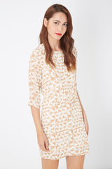 Vestido recto mujer, dress estampado fantasía, manga 3/4, lazo cuello, cierre cremallera, forro interior, suelto, elegante, cómodo, talla L, color beige, outfit versátil primavera verano ✅Entrega 24/48h