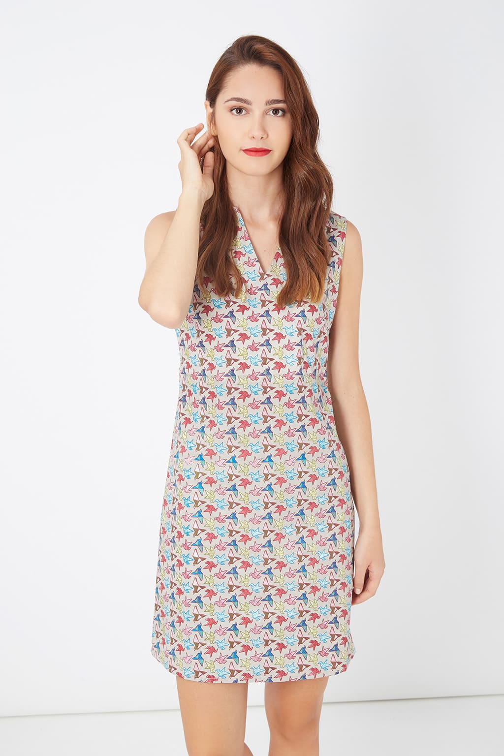 Vestido mujer entallado sin mangas dress outfit diseño estampado multicolor cuello redondo escote pico cierre cremallera beige M cómodo versátil ideal verano elegante primavera ✅Entrega 24/48h