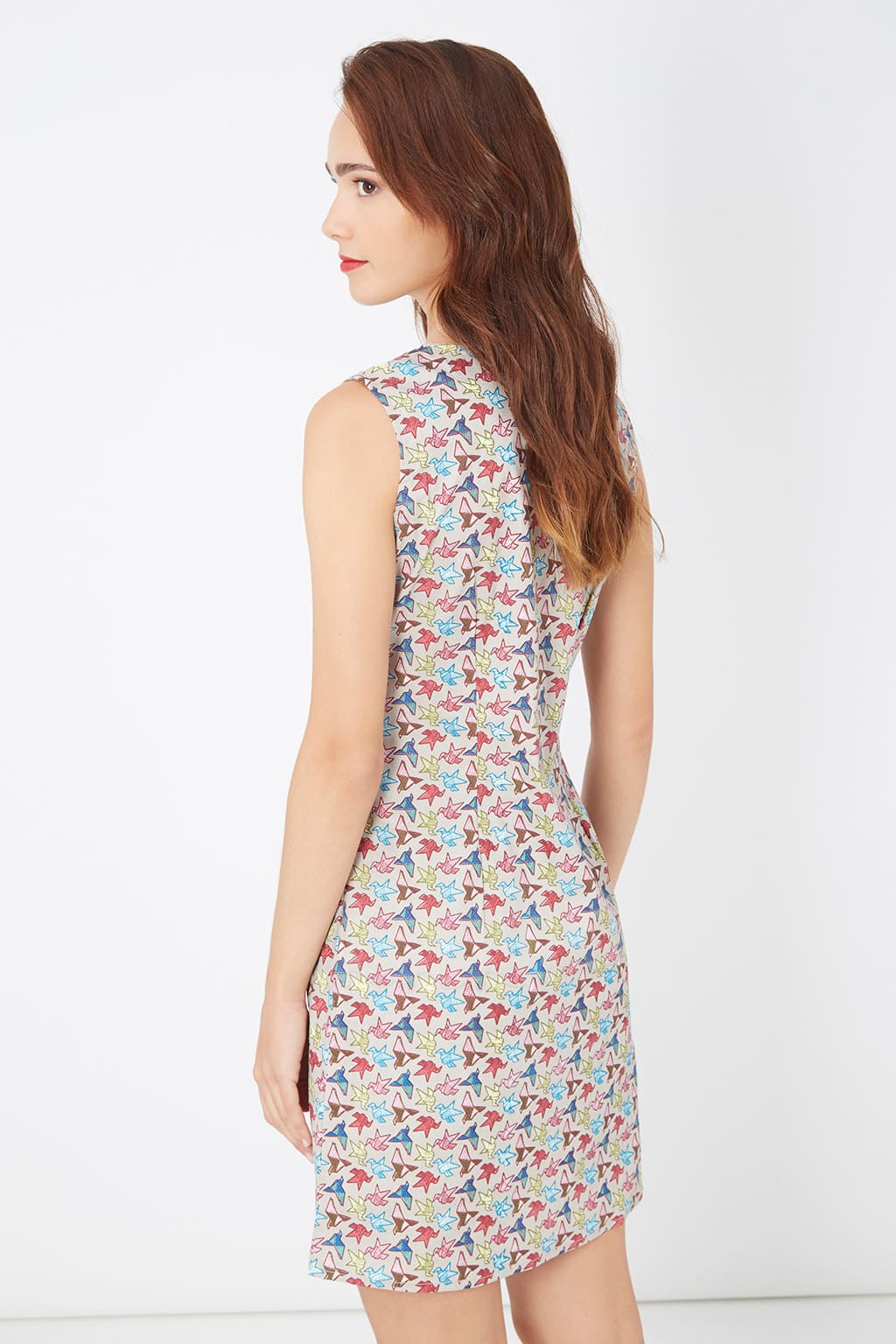 Vestido mujer entallado sin mangas dress outfit diseño estampado multicolor cuello redondo escote pico cierre cremallera beige M cómodo versátil ideal verano elegante primavera ✅Entrega 24/48h