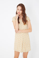 Vestido corto mujer, dress fluido evasé, estampado geométrico, manga corta, cuello redondo, cierre cremallera, forro interior, cómodo y versátil, ideal primavera verano, color beige, talla L ✅Entrega 24/48h