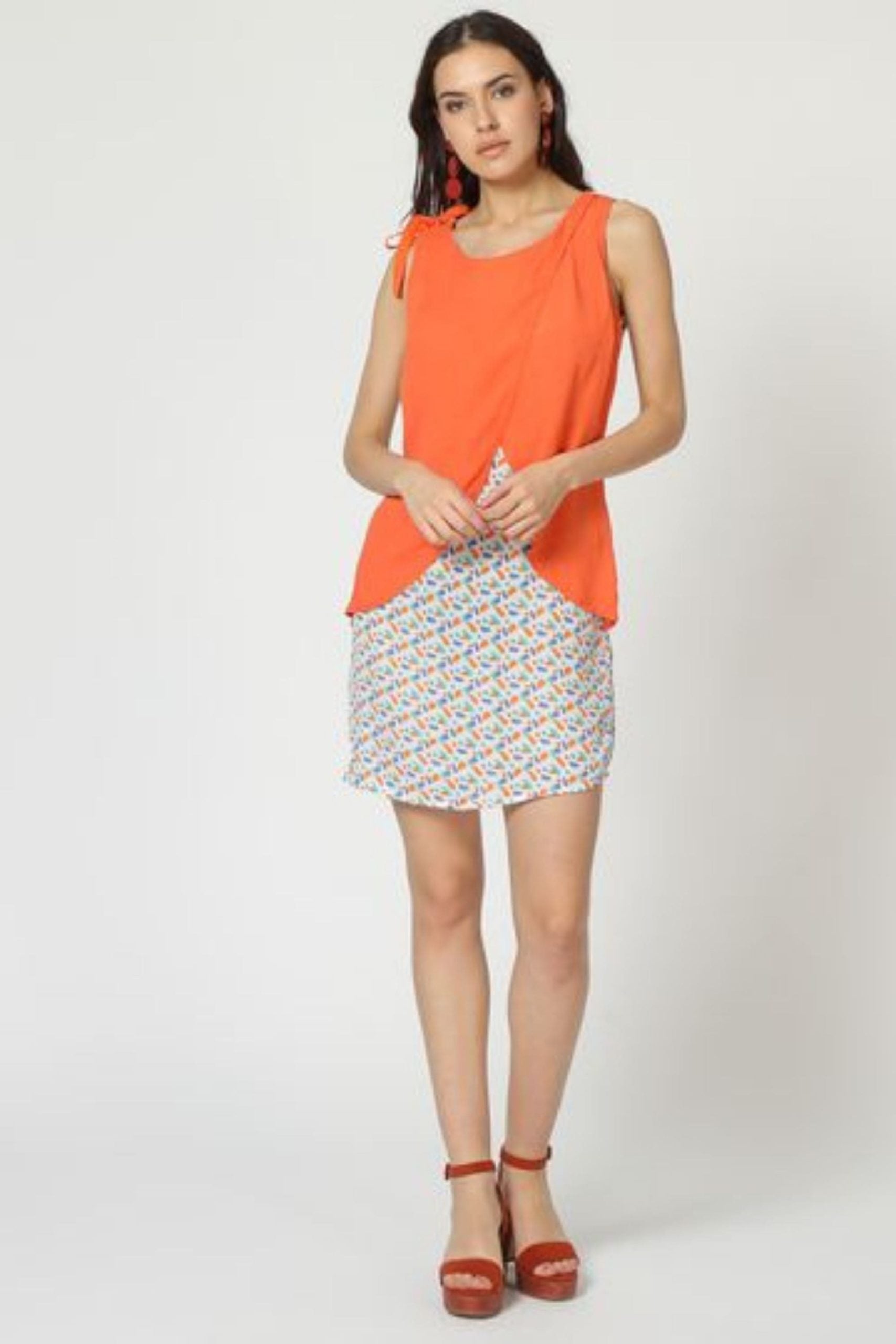 Vestido mujer recto fluido tipo chaleco, estampado geométrico, cierre cremallera, cuello redondo, forro interior, estilo casual elegante, cómodo L, colores naranja y blanco ✅Entrega 24/48h