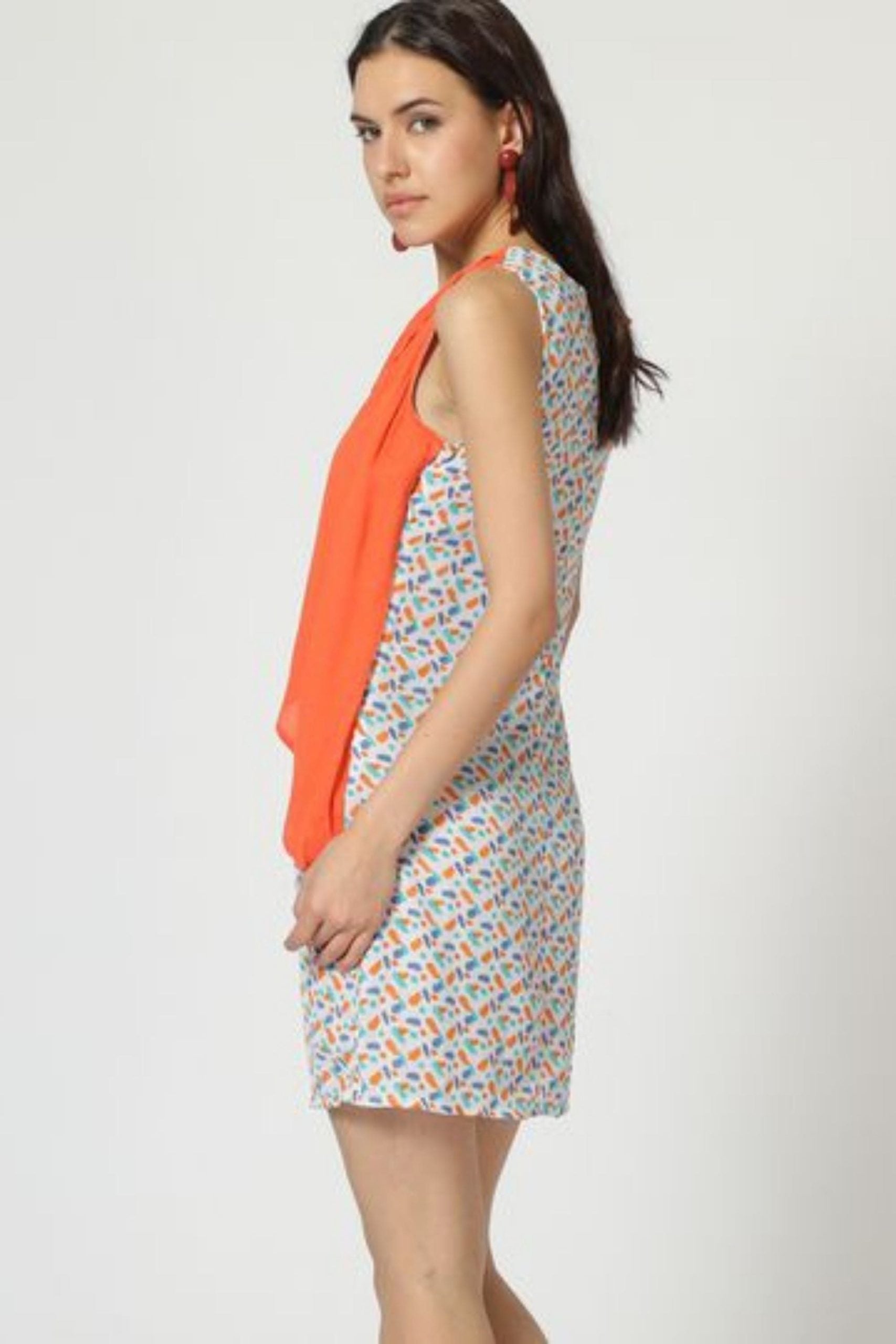 Vestido mujer recto fluido tipo chaleco, estampado geométrico, cierre cremallera, cuello redondo, forro interior, estilo casual elegante, cómodo L, colores naranja y blanco ✅Entrega 24/48h