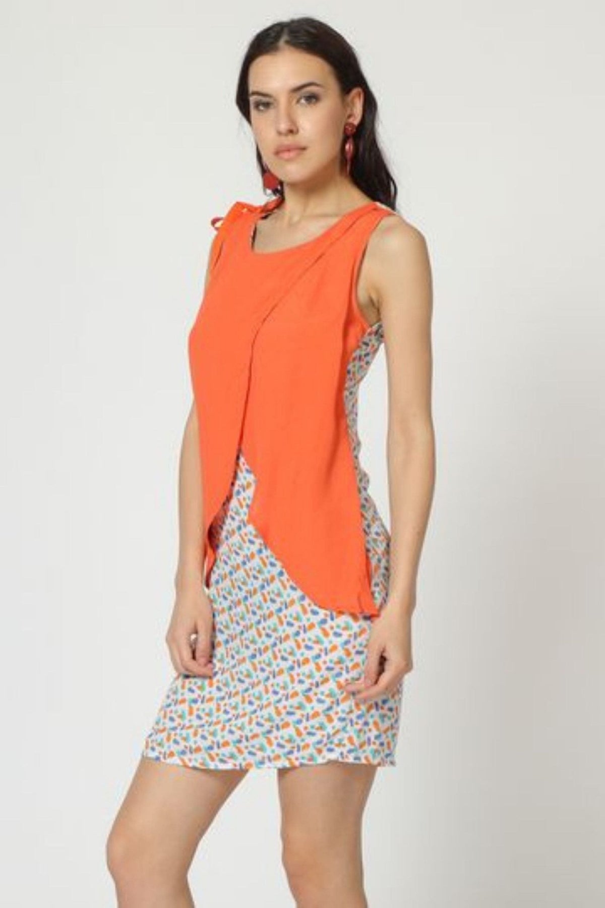 Vestido mujer recto fluido tipo chaleco, estampado geométrico, cierre cremallera, cuello redondo, forro interior, estilo casual elegante, cómodo L, colores naranja y blanco ✅Entrega 24/48h