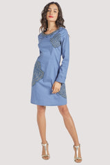 Vestido recto mujer, dress bordado floral, manga larga, cuello redondo, cremallera lateral, estilo casual elegante, azul, talla 38, cómodo y versátil, detalles puños contraste ✅Entrega 24/48h