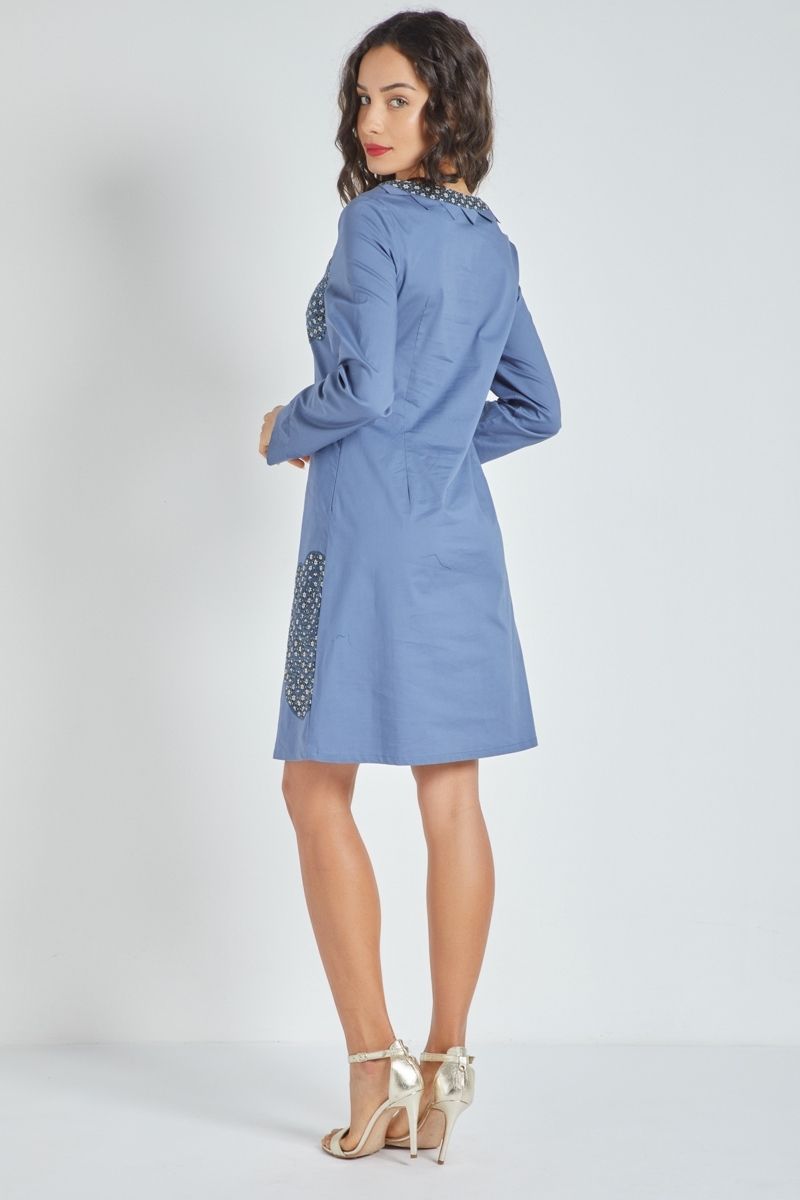 Vestido recto mujer, dress bordado floral, manga larga, cuello redondo, cremallera lateral, estilo casual elegante, azul, talla 38, cómodo y versátil, detalles puños contraste ✅Entrega 24/48h