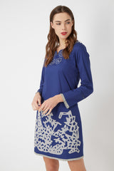 Vestido mujer corto dress outfit Anany D7887 algodón bordado, manga larga, escote pico, cremallera lateral, estilo casual y elegante, talla 38, color azul, cómodo versátil original ✅Entrega 24/48h