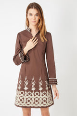 Vestido recto mujer, dress estilo bohemio, manga larga bordado, algodón fresco, marrón, talla 38, elegante, cómodo, ideal oficina, eventos, look versátil, disponible en 40 colores, ✅Entrega 24/48h