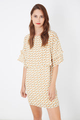 Vestido fluido mujer, outfit casual elegante, diseño estampado efecto doble prenda, manga 3/4, forro interior, cuello redondo, poliéster, corte amplio, talla L, cómodo y versátil beige/mostaza ✅Entrega 24/48h