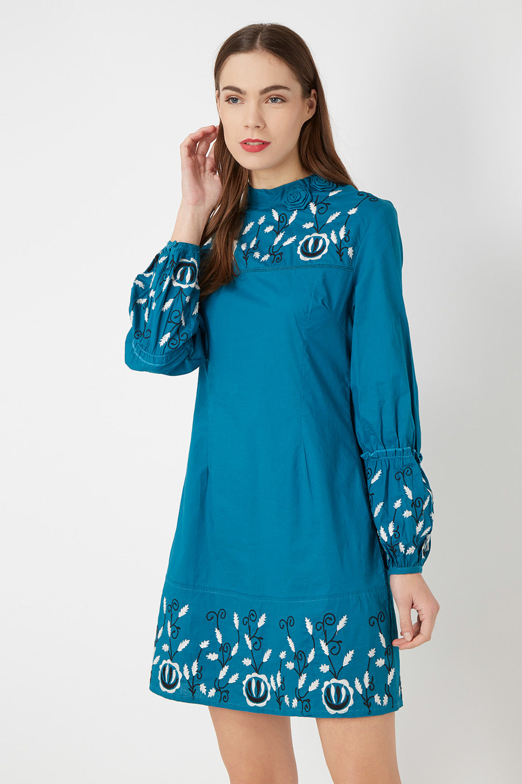 Vestido corto mujer, dress boho chic manga larga, bordado floral, tejido suave, modelo azul, talla 38, estilo sofisticado y versátil ideal oficina eventos urbano, 48 colores vibrantes, cómodo elegante, ✅Entrega 24/48h