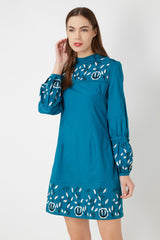 Vestido corto mujer, dress boho chic manga larga, bordado floral, tejido suave, modelo azul, talla 38, estilo sofisticado y versátil ideal oficina eventos urbano, 48 colores vibrantes, cómodo elegante, ✅Entrega 24/48h