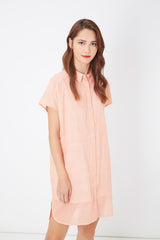 Vestido camisero mujer, dress fluido algodón, forro integrado, manga corta, cuello clásico, diseño liso terminaciones contraste, elegante y cómodo, color rosa claro, talla L ✅Entrega 24/48h