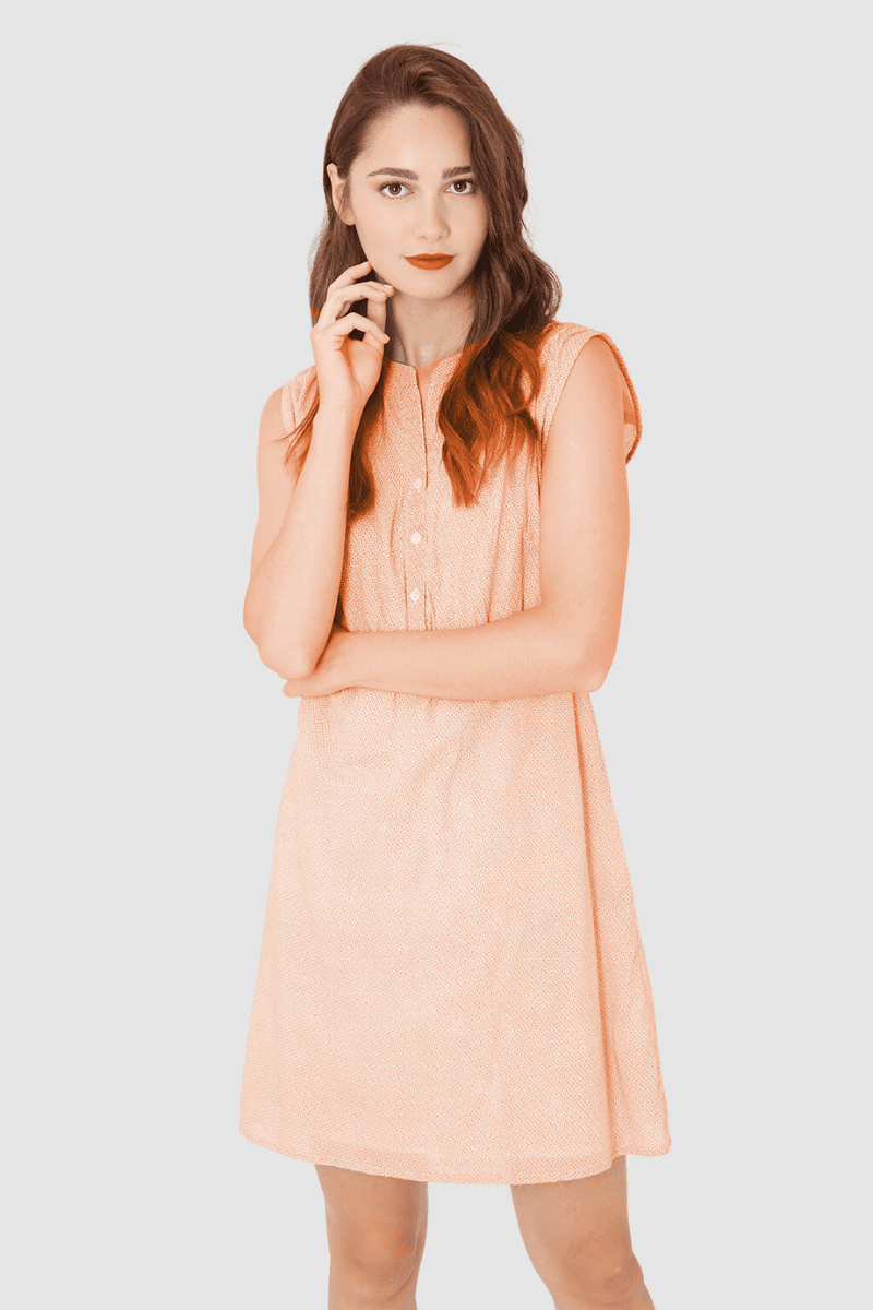 Vestido casual sin mangas dress outfit botones frontales corte recto fresco ligero color durazno talla S cómodo femenino urbano sofisticado combina sandalias blazer verano primavera ✅Entrega 24/48h