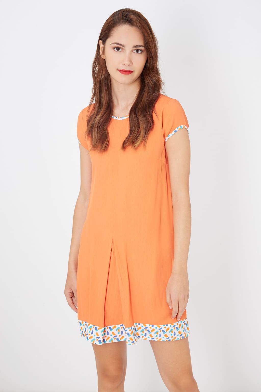 Vestido fluido mujer, dress corto, modelo Laga D792, tejido ligero, diseño liso, terminaciones contraste estampado, cuello redondo, manga corta, forro integrado, estilo casual, color naranja, talla L, cómodo versátil ✅Entrega 24/48h