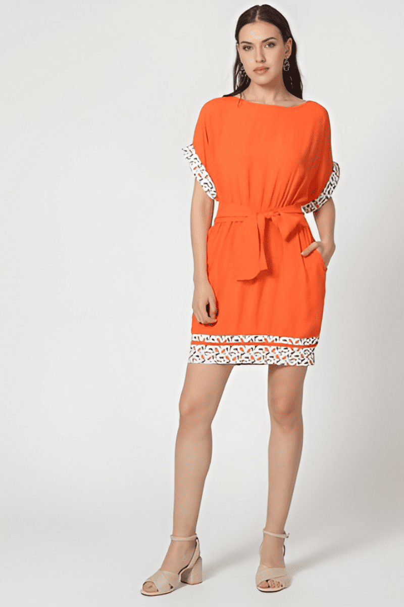 Vestido mujer fluido corto liso outfit dress diseño manga corta cinturón desmontable forro integrado detalles estampados contraste cuello redondo color naranja talla L cómodo versátil elegante ✅Entrega 24/48h