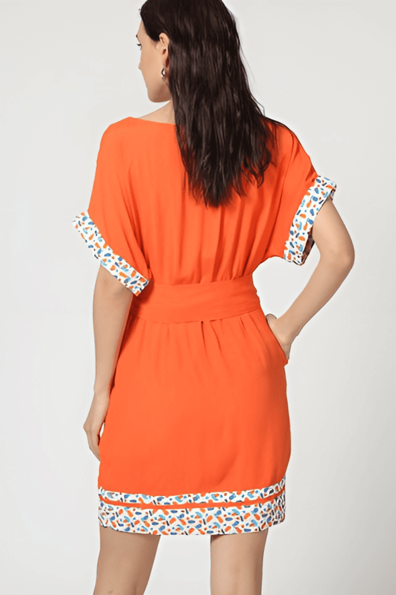 Vestido mujer fluido corto liso outfit dress diseño manga corta cinturón desmontable forro integrado detalles estampados contraste cuello redondo color naranja talla L cómodo versátil elegante ✅Entrega 24/48h