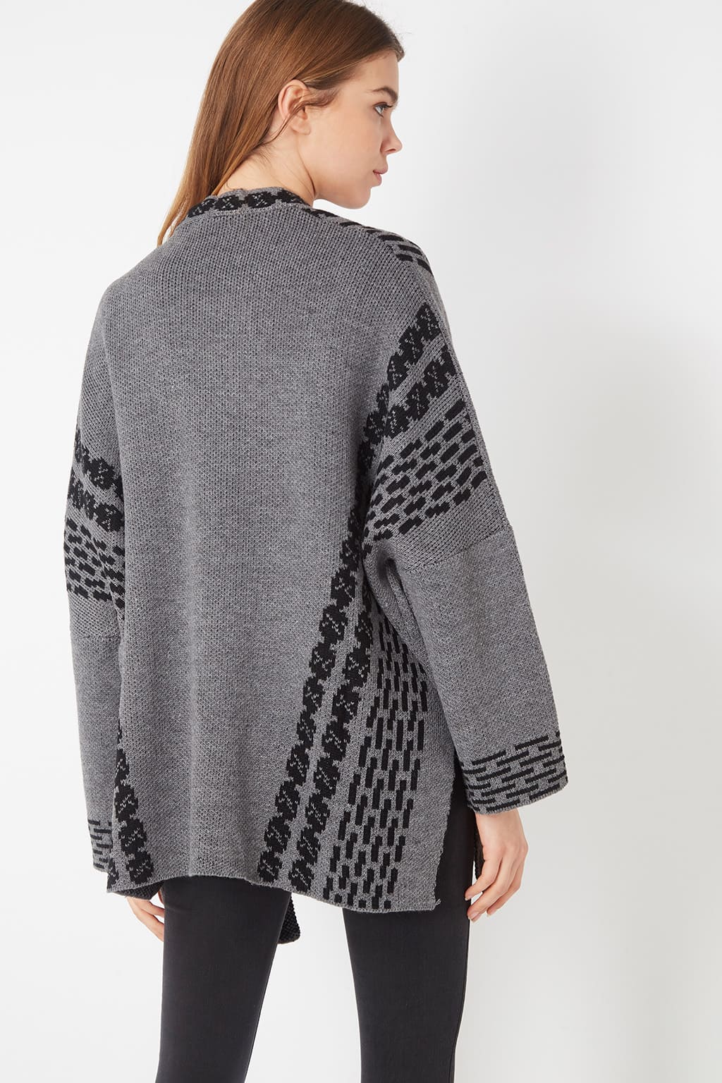 Cárdigan mujer tejido jacquard abierto suéter abrigado tipo sweater diseño geométrico relajado manga larga grueso elegante tonos grises L/XL cómodo versátil urbano oficina otoño invierno ✅Entrega 24/48h
