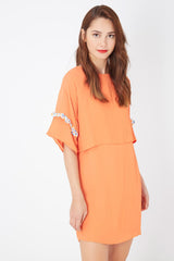 Vestido corto mujer, dress, corte recto, doble capa, volante estampado, manga corta, cuello redondo, forro integrado, estilo casual, color naranja, talla L, cómodo, versátil, moda verano ✅Entrega 24/48h