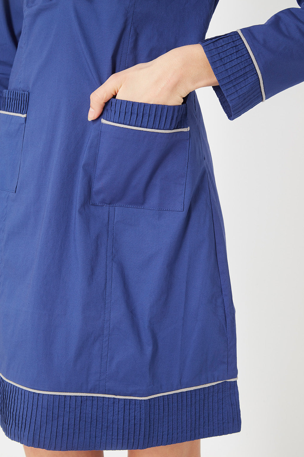 Vestido casual mujer dress modelo evasé manga larga bolsillos delanteros cuello tunecino volantes plisados ribete contraste azul talla L cómodo versátil elegante ✅Entrega 24/48h