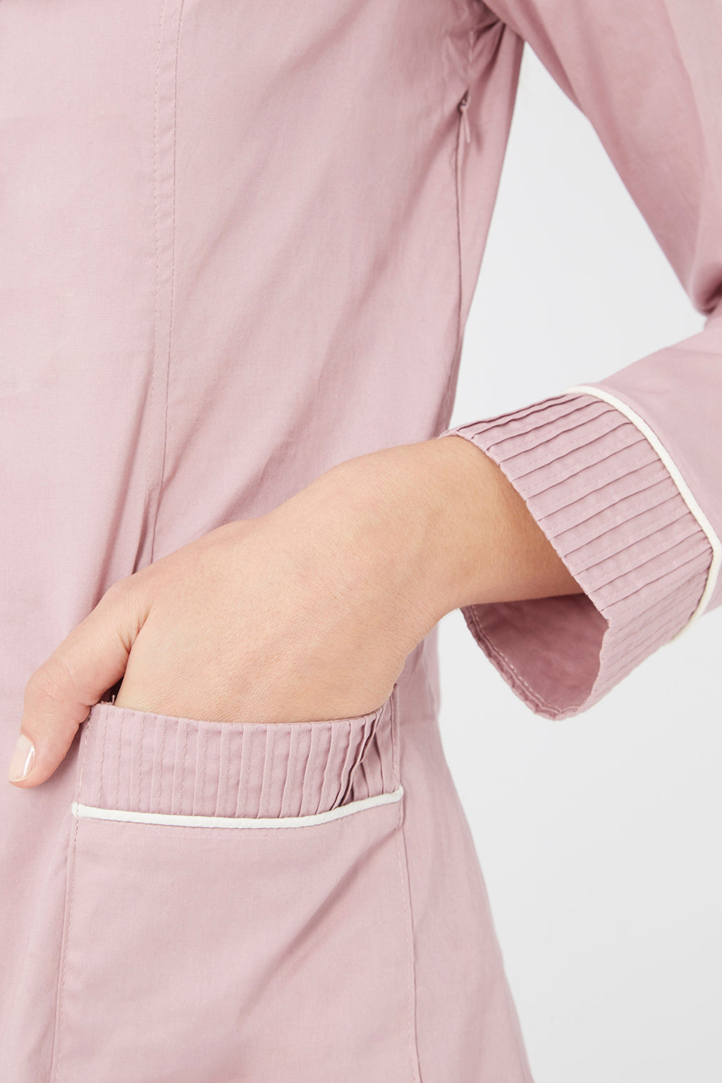 Vestido mujer evasé dress manga larga cuello tunecino viscosa volantes ribete contraste bolsillos frontales puños plisados cómodo elegante talla L rosa ✅Entrega 24/48h
