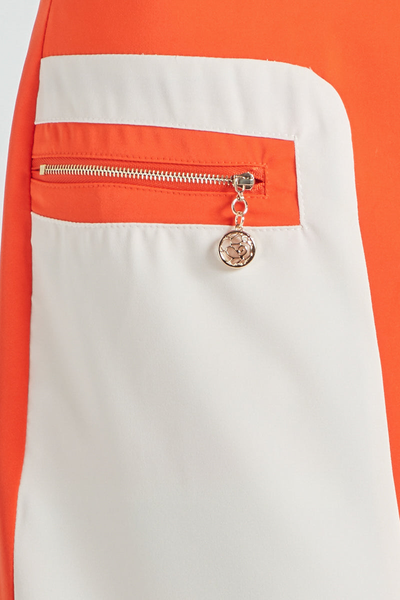 Falda corta mujer moderna, minifalda bloques bicolor, bolsillos cremallera metálica, diseño urbano chic, tejido ligero suave, talla 40, naranja blanco, look actual cómodo versátil ✅Entrega 24/48h