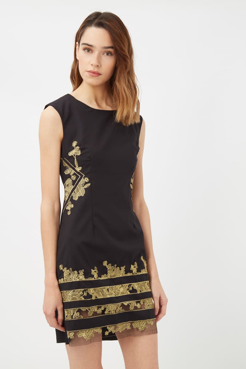 Vestido recto mujer dress outfit bordado tejido texturizado tirantes escote redondo elegante cómodo negro beige forro interior talla L ideal eventos, fiesta, casual, cóctel ✅Entrega 24/48h