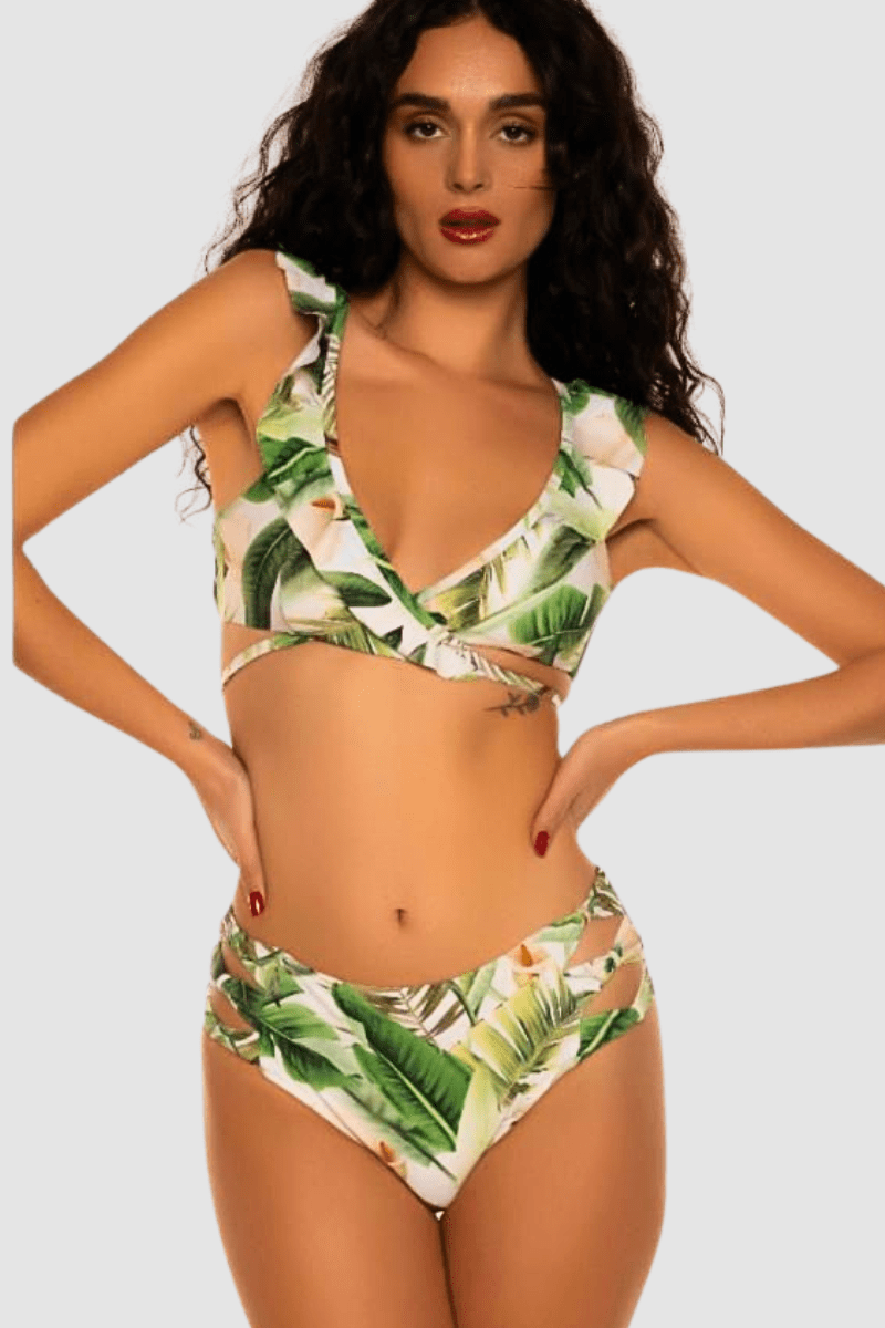Bikini mujer conjunto swimwear top volantes escote cruzado, estampado hojas tropicales, tejido suave, comodidad y frescura, ideal playa o piscina, color verde, talla 36, look veraniego ✅Entrega 24/48h