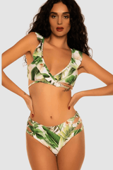 Bikini mujer conjunto swimwear top volantes escote cruzado, estampado hojas tropicales, tejido suave, comodidad y frescura, ideal playa o piscina, color verde, talla 36, look veraniego ✅Entrega 24/48h