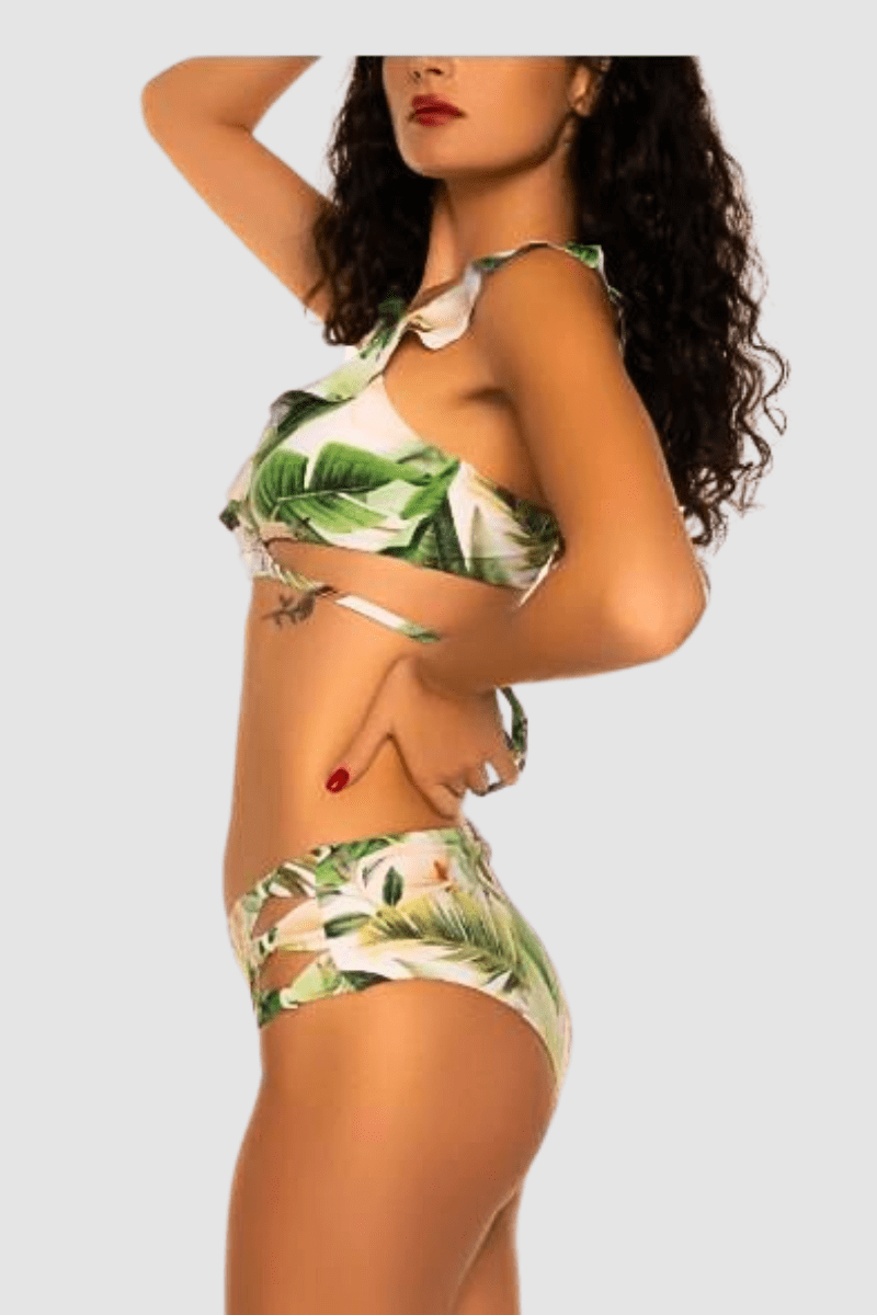 Bikini mujer conjunto swimwear top volantes escote cruzado, estampado hojas tropicales, tejido suave, comodidad y frescura, ideal playa o piscina, color verde, talla 36, look veraniego ✅Entrega 24/48h