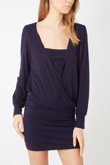 Vestido corto mujer, dress mini efecto doble prenda, corte ajustado, diseño cruzado, manga larga entallada, color azul marino, talla L, versátil y elegante, ideal eventos y oficina, cómodo tejido suave ✅Entrega 24/48h