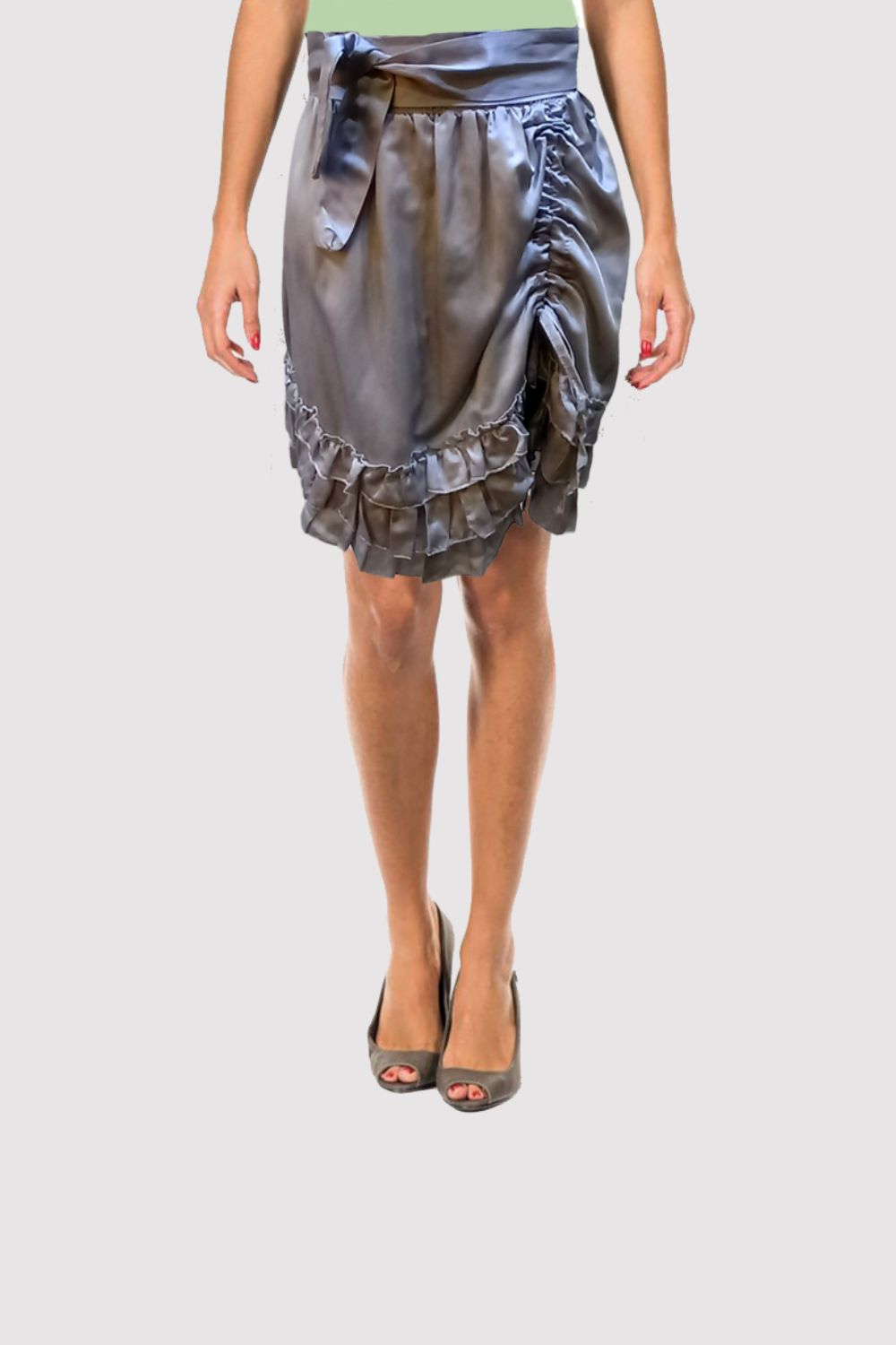 Falda satinada mujer, minifalda elegante plateada, cinturilla elástica, cinturón extraíble, volantes decorativos, cómodo y versátil, talla única, ideal eventos y fiesta ✅Entrega 24/48h