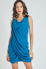 Vestido mujer drapeado muselina tul sin mangas escote V elegante moderno azul talla L, outfit ideal fiesta noche cómodo realza figura look sofisticado fashionista ✅Entrega 24/48h