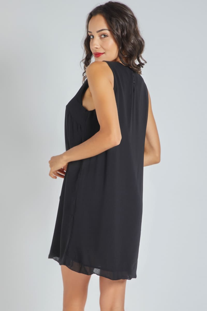Vestido mujer midi sin mangas dress elegante volante frontal poliéster ligero estilo versátil forro interior ideal eventos fiesta talla L color negro ✅Entrega 24/48h