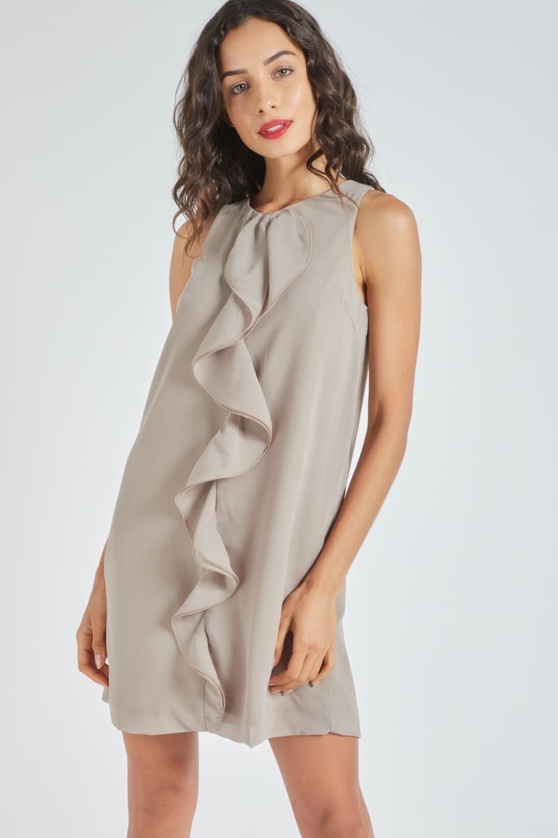 Vestido midi elegante sin mangas liso Beige, volante frontal, detalles pinzas, cierre con botones, abertura gota trasera, forro interior, cómodo y versátil, talla L disponible, ideal eventos y oficina ✅Entrega 24/48h
