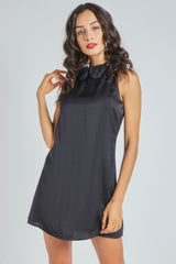 Vestido mini mujer negro Love & Money G12023, outfit liso, escote redondo, tirantes anchos, fruncido y aplicaciones decorativas, forro interior, cierre anudable, talla L, versátil y cómodo ✅Entrega 24/48h