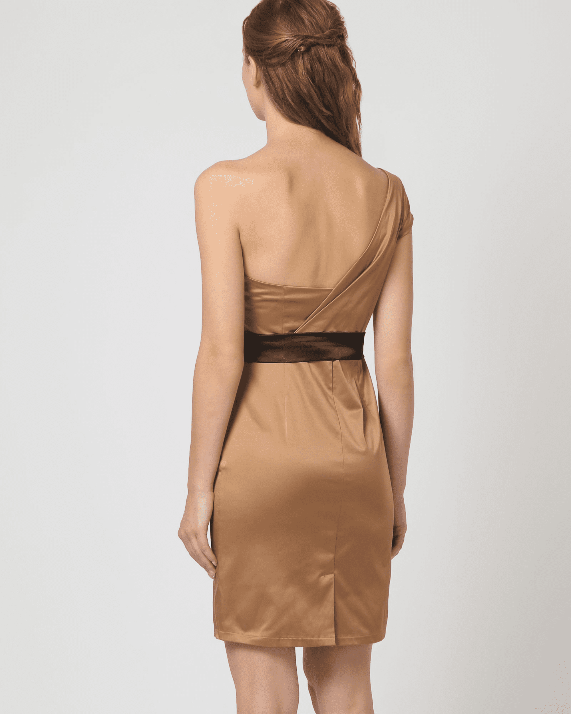 Vestido satinado corto asimétrico mujer, vestido fiesta camel, diseño superposición, escote lateral, tira decorativa cintura, cierre cremallera, abertura trasera, talla L, elegante cómodo versátil ✅Entrega 24/48h