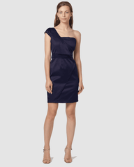 Vestido asimétrico satinado mujer elegante coctel short dress outfit moderno minimalista silueta favorecedora ideal eventos formales talla S azul marino cómodo sofisticado brillante ✅Entrega 24/48h
