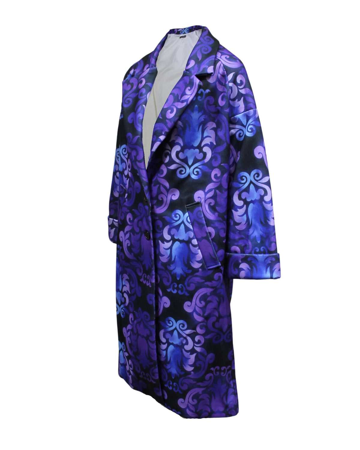 Abrigo cruzado mujer, coat elegante diseño artístico satinado lana, estampado púrpura, bolsillos solapa, manga larga, talla S, ideal outfits urbanos nocturnos, sofisticado y moderno ✅Entrega 24/48h