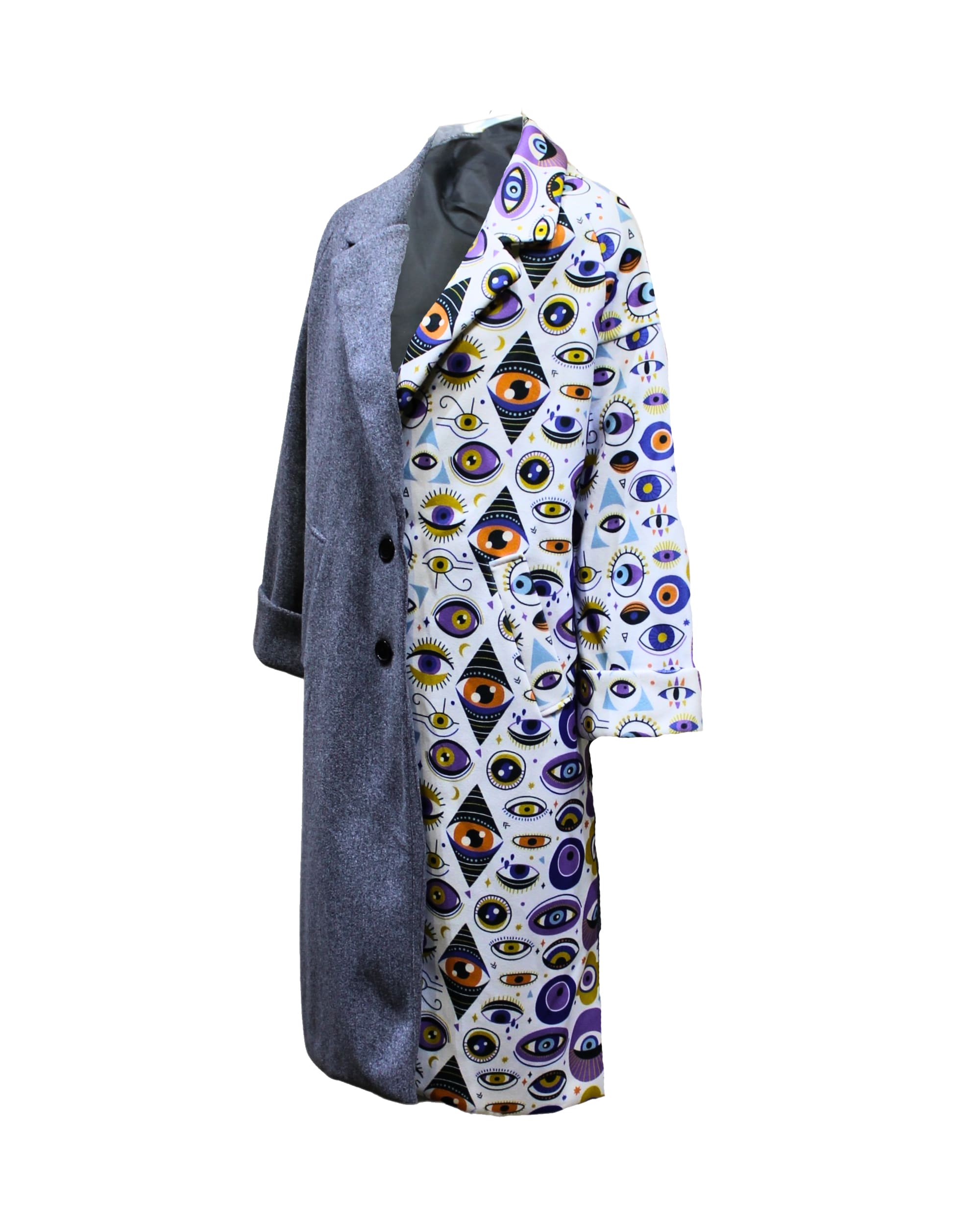 Abrigo largo mujer oversize, chaqueta recta, diseño combinado gris y estampado ojos, cuello solapa, manga larga, forrado, bolsillos laterales, cómodo y único, talla S, cierre botones, elegante y moderno ✅Entrega 24/48h