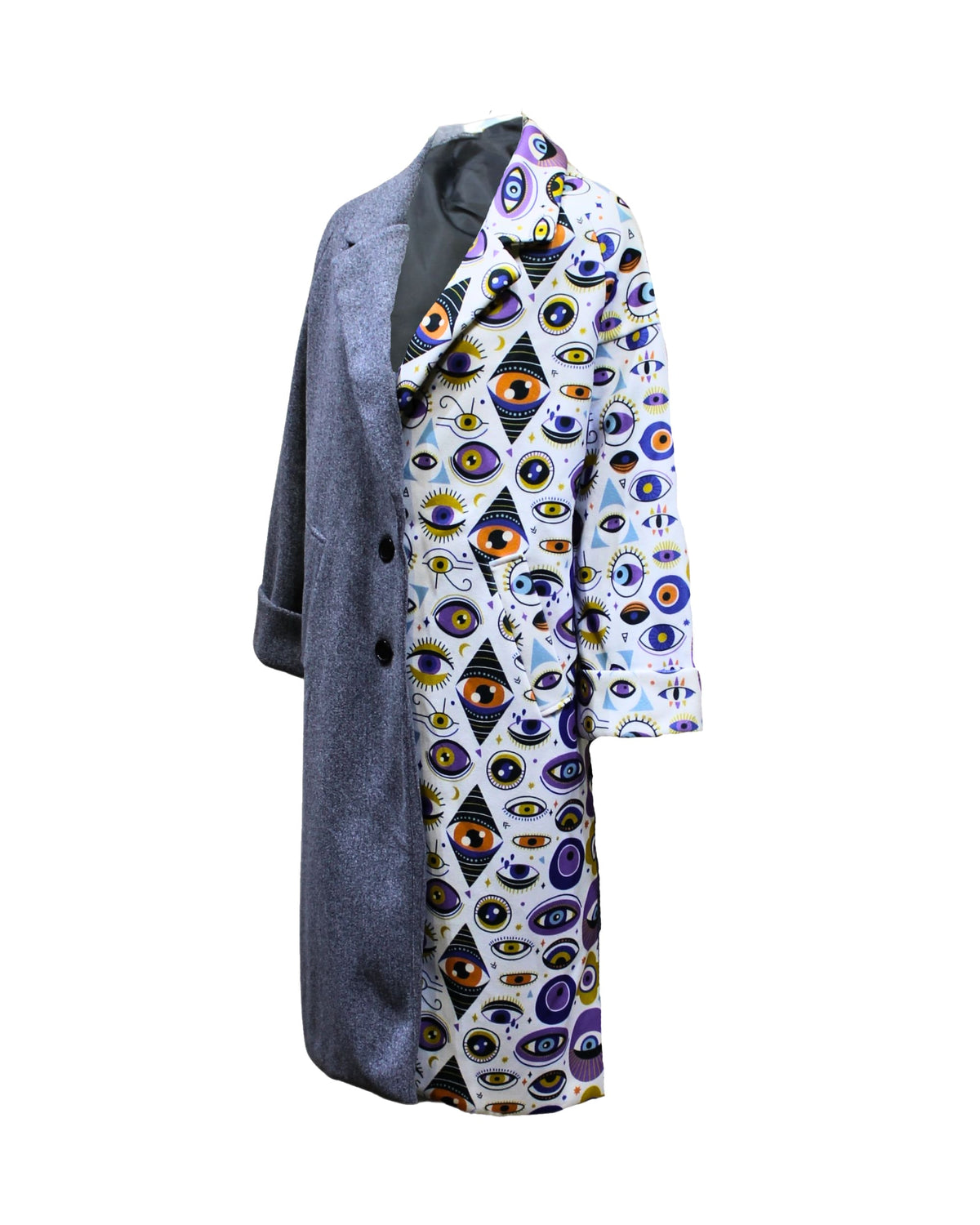 Abrigo largo mujer oversize, chaqueta recta, diseño combinado gris y estampado ojos, cuello solapa, manga larga, forrado, bolsillos laterales, cómodo y único, talla S, cierre botones, elegante y moderno ✅Entrega 24/48h