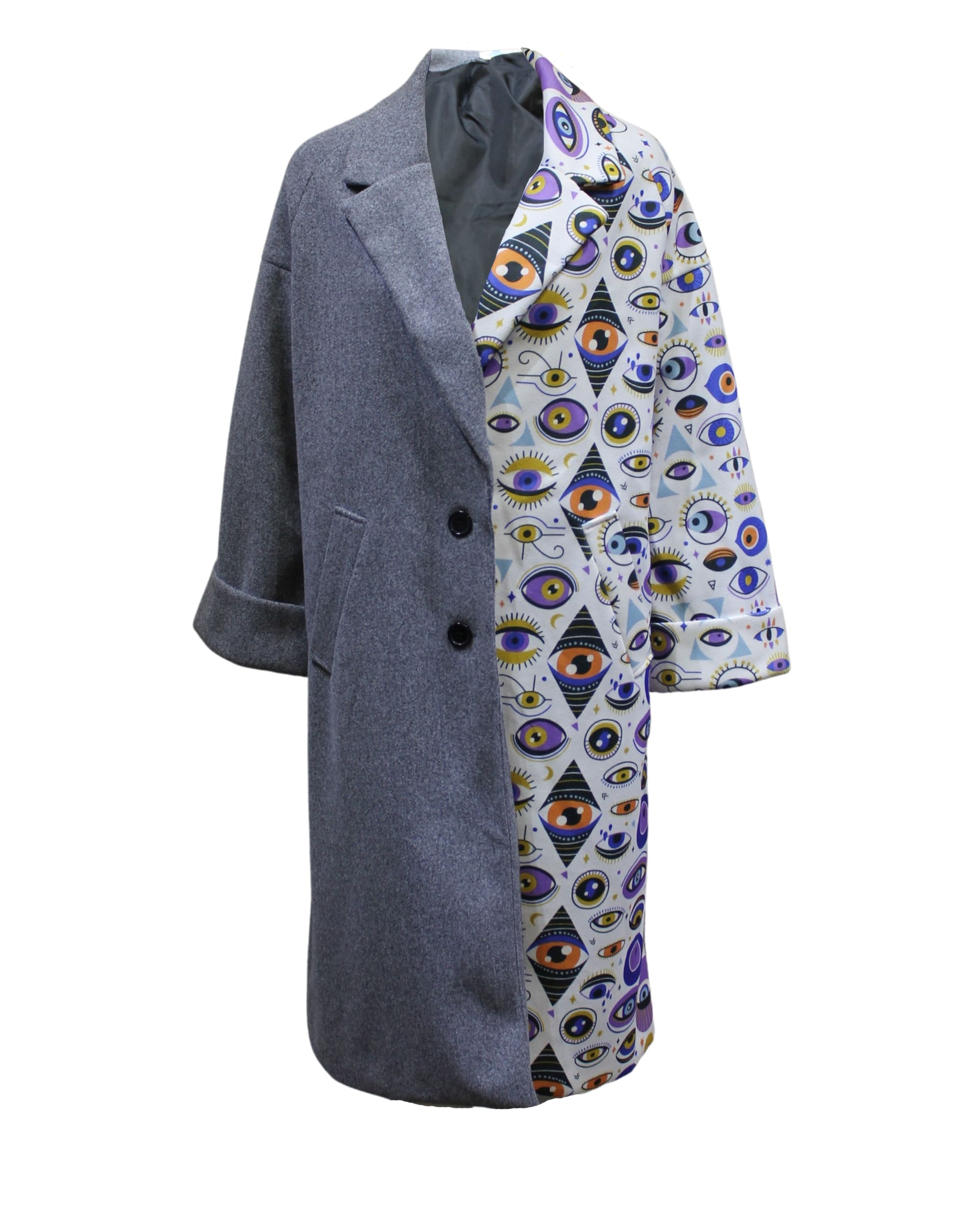 Abrigo largo mujer oversize, chaqueta recta, diseño combinado gris y estampado ojos, cuello solapa, manga larga, forrado, bolsillos laterales, cómodo y único, talla S, cierre botones, elegante y moderno ✅Entrega 24/48h