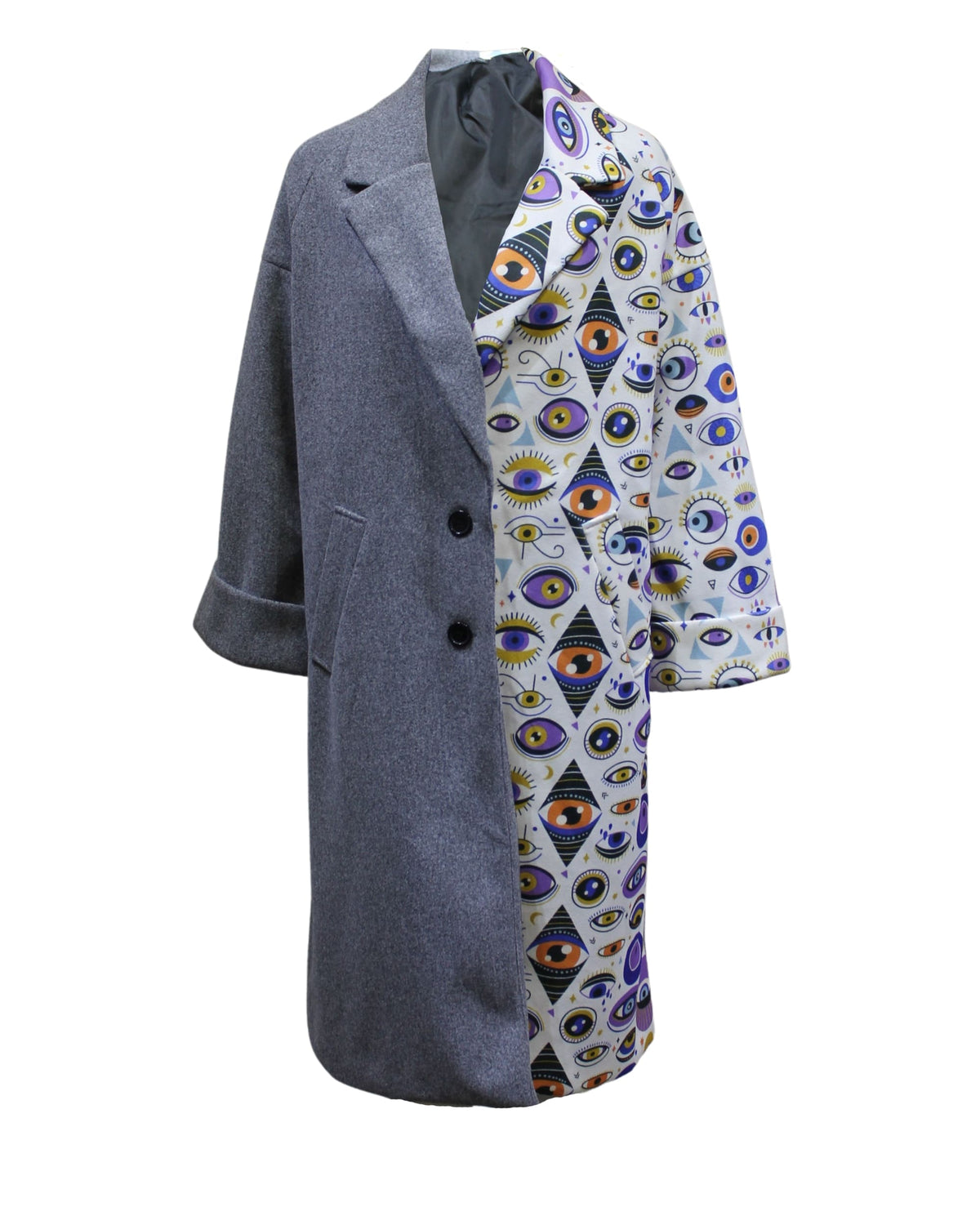 Abrigo largo mujer oversize, chaqueta recta, diseño combinado gris y estampado ojos, cuello solapa, manga larga, forrado, bolsillos laterales, cómodo y único, talla S, cierre botones, elegante y moderno ✅Entrega 24/48h