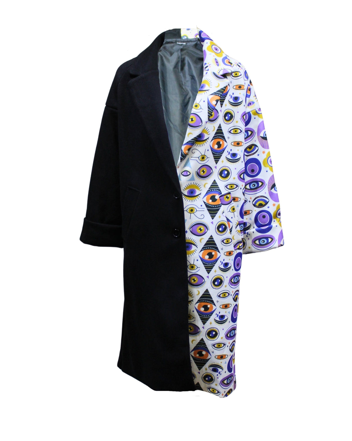 Abrigo largo mujer, coat diseño asimétrico, mezcla poliéster, manga larga, cuello solapa, parte negra y otra estampado ojos multicolor, look vanguardista, talla S, urbano, originalidad, tendencia, ✅Entrega 24/48h