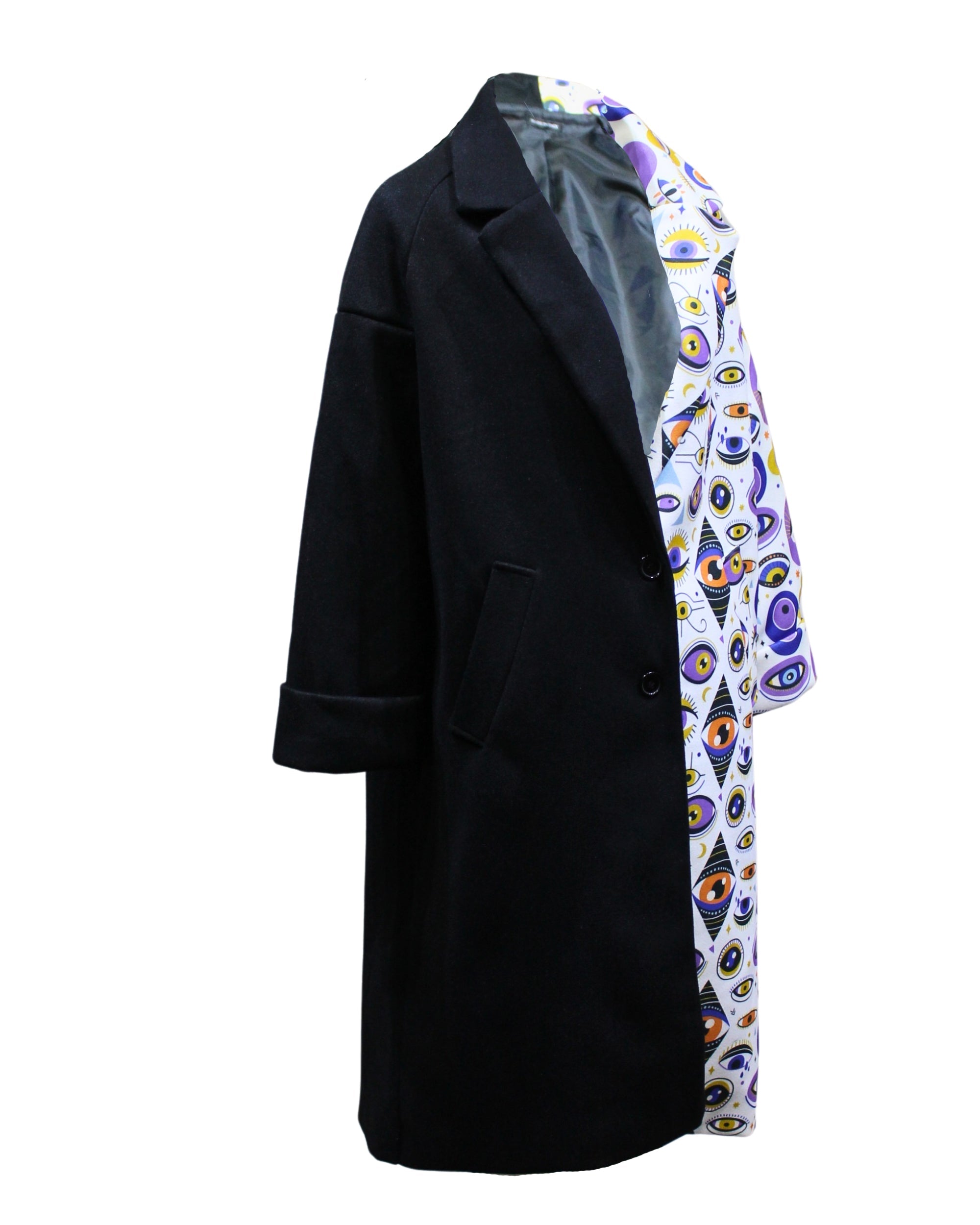 Abrigo largo mujer, coat diseño asimétrico, mezcla poliéster, manga larga, cuello solapa, parte negra y otra estampado ojos multicolor, look vanguardista, talla S, urbano, originalidad, tendencia, ✅Entrega 24/48h