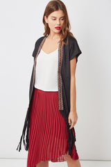 Chaleco mujer, chaleco flecos, efecto ante, ribetes bordados, escote V, estilo boho chic, terminado en flecos, ligero, versátil, talla L, color negro, ideal looks modernos y casuales ✅Entrega 24/48h