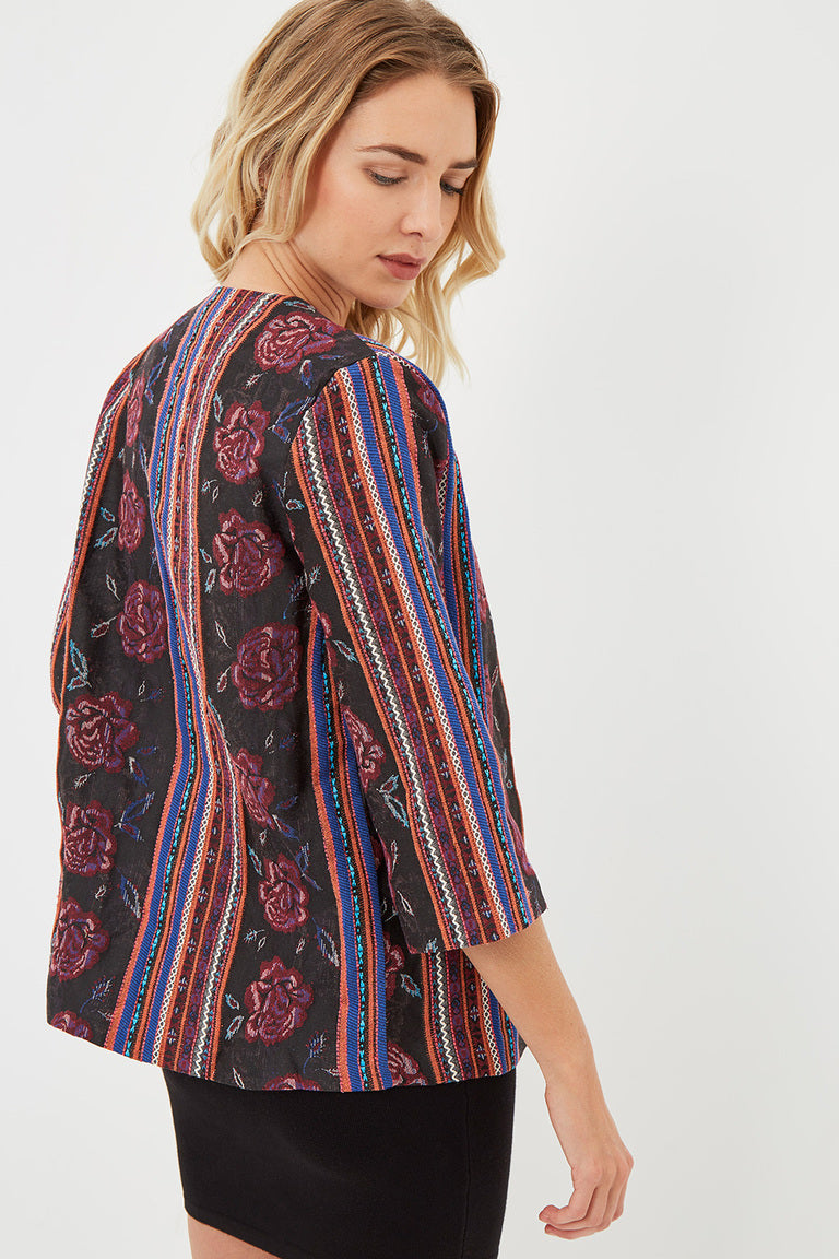 Blazer mujer chaqueta estampada flores rayas elegante casual ligera sin cuello corte regular manga tres cuartos color negro multicolor talla L sofisticada ideal oficina eventos urbanos versátil fácil combinar ✅Entrega 24/48h