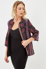 Blazer mujer chaqueta estampada flores rayas elegante casual ligera sin cuello corte regular manga tres cuartos color negro multicolor talla L sofisticada ideal oficina eventos urbanos versátil fácil combinar ✅Entrega 24/48h