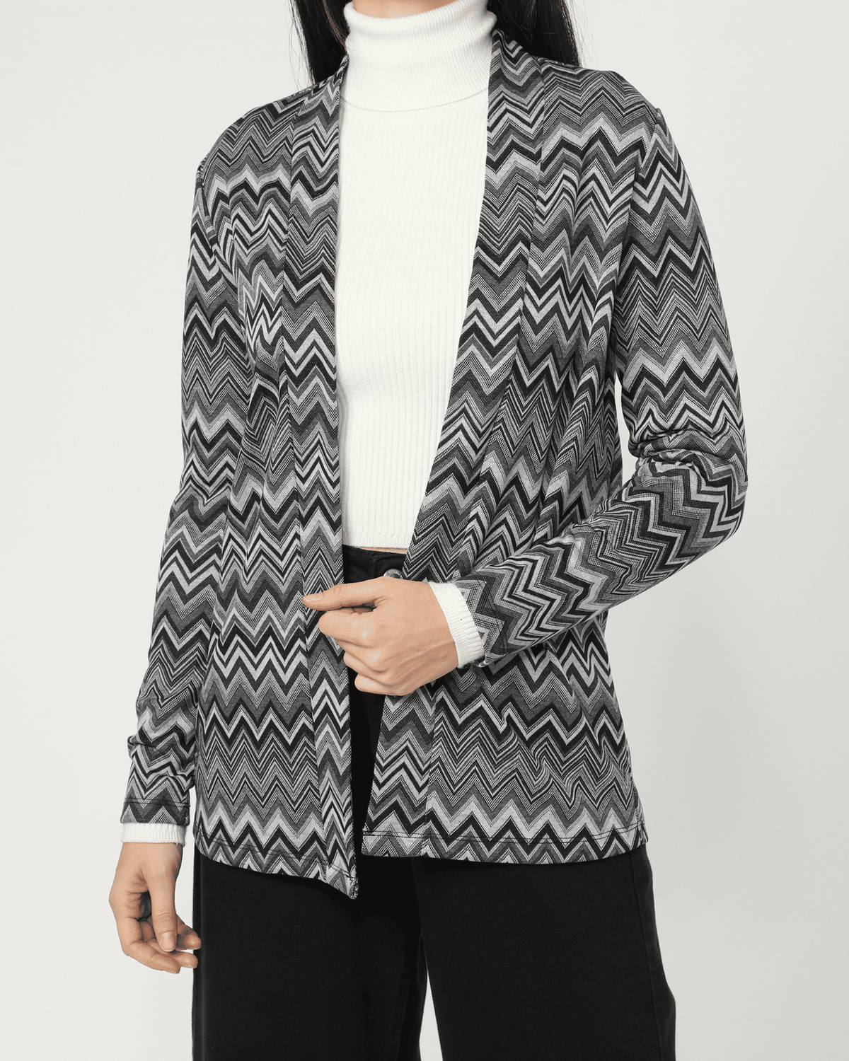 Blazer casual mujer chaqueta abierta manga larga estampado zigzag geométrico gris tejido suave ligera urbana elegante talla L look moderno oficina cómoda versátil sofisticada moda femenina colores neutros ✅Entrega 24/48h